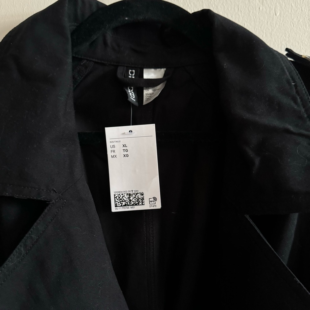H & M Black Double Breasted Twill Trench JacketCoat Belted Street Style Chic XL - Picture 7 of 7
